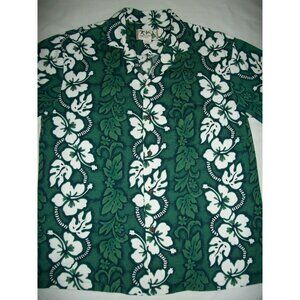 Ky's Hibiscus Flowers Leaves Leis Green Teal Hawaiian Short Sleeve Shirt Large L